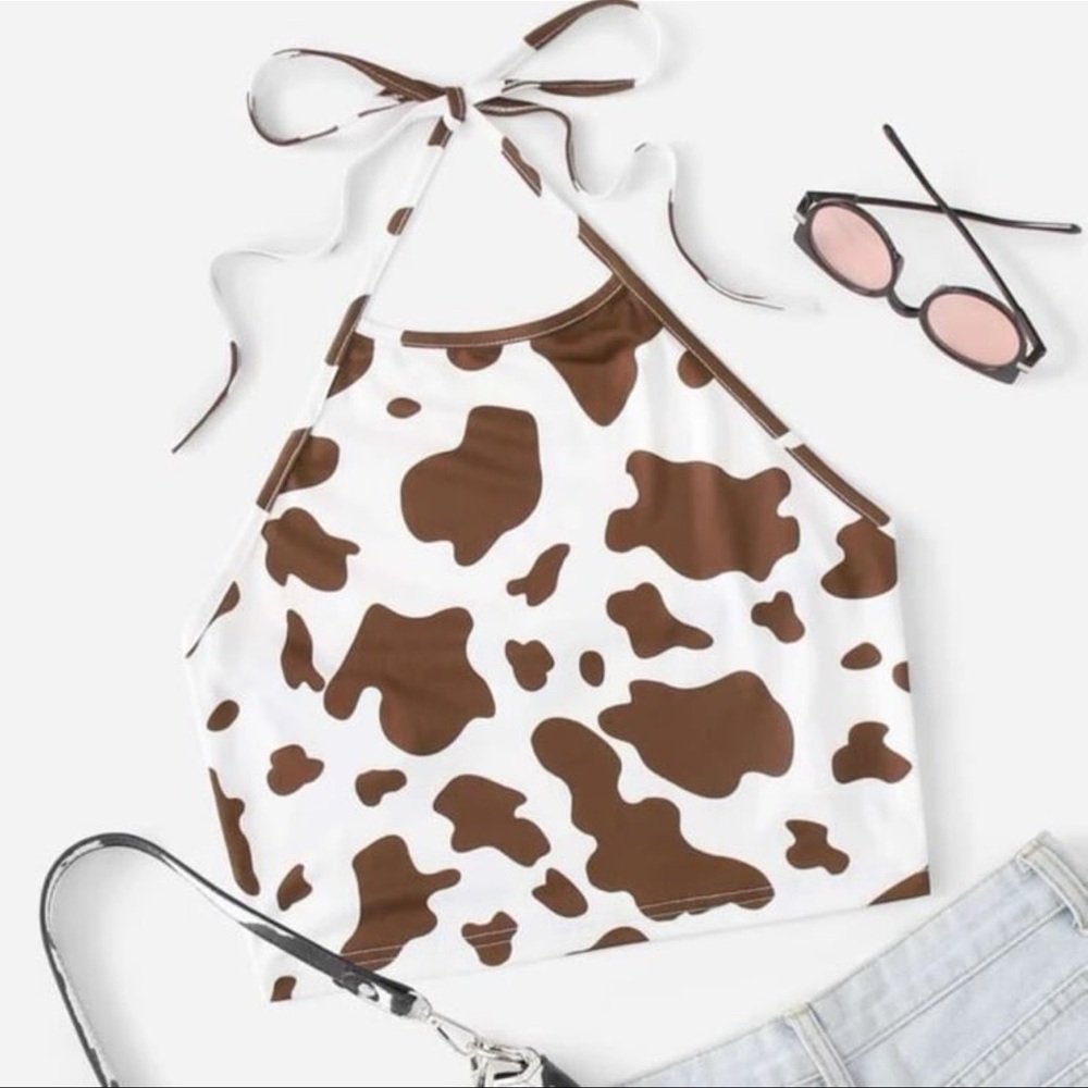 Shein cow print tie back halter top small